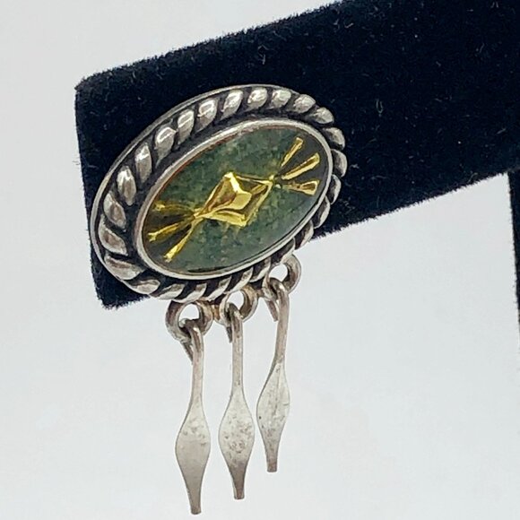 Relios Southwest Sterling Silver Green Yellow Inlay Tassel Pierced Earrings - Picture 11 of 12